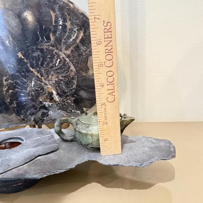 LOT 164F: Nautilus Type Cross Section Slate, Slate Top Flower Frog, Laughing Budda Figure & Stone Carved Mini Teapot