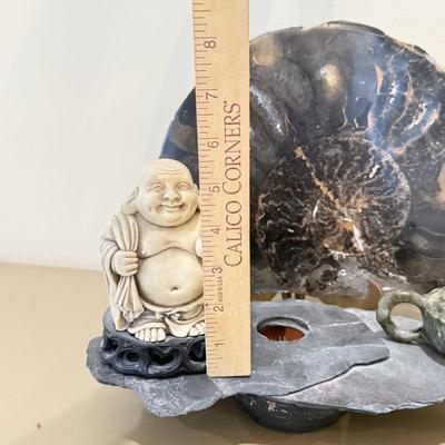 LOT 164F: Nautilus Type Cross Section Slate, Slate Top Flower Frog, Laughing Budda Figure & Stone Carved Mini Teapot