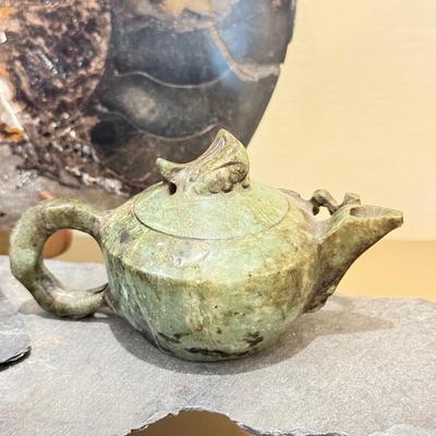 LOT 164F: Nautilus Type Cross Section Slate, Slate Top Flower Frog, Laughing Budda Figure & Stone Carved Mini Teapot