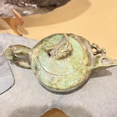 LOT 164F: Nautilus Type Cross Section Slate, Slate Top Flower Frog, Laughing Budda Figure & Stone Carved Mini Teapot