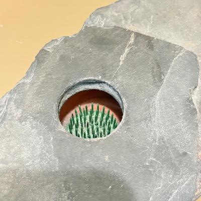 LOT 164F: Nautilus Type Cross Section Slate, Slate Top Flower Frog, Laughing Budda Figure & Stone Carved Mini Teapot