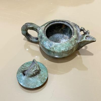 LOT 164F: Nautilus Type Cross Section Slate, Slate Top Flower Frog, Laughing Budda Figure & Stone Carved Mini Teapot