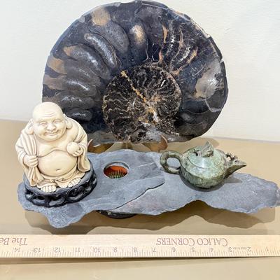 LOT 164F: Nautilus Type Cross Section Slate, Slate Top Flower Frog, Laughing Budda Figure & Stone Carved Mini Teapot