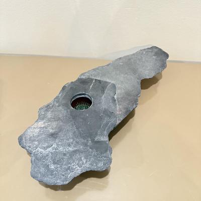 LOT 164F: Nautilus Type Cross Section Slate, Slate Top Flower Frog, Laughing Budda Figure & Stone Carved Mini Teapot