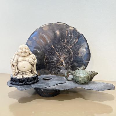 LOT 164F: Nautilus Type Cross Section Slate, Slate Top Flower Frog, Laughing Budda Figure & Stone Carved Mini Teapot