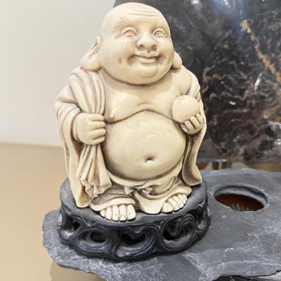 LOT 164F: Nautilus Type Cross Section Slate, Slate Top Flower Frog, Laughing Budda Figure & Stone Carved Mini Teapot