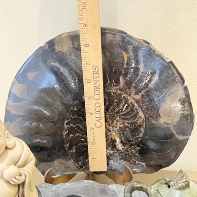 LOT 164F: Nautilus Type Cross Section Slate, Slate Top Flower Frog, Laughing Budda Figure & Stone Carved Mini Teapot