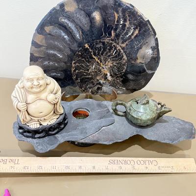 LOT 164F: Nautilus Type Cross Section Slate, Slate Top Flower Frog, Laughing Budda Figure & Stone Carved Mini Teapot