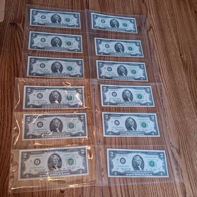 TWELVE SEQUENTIAL 2 DOLLAR BILLS