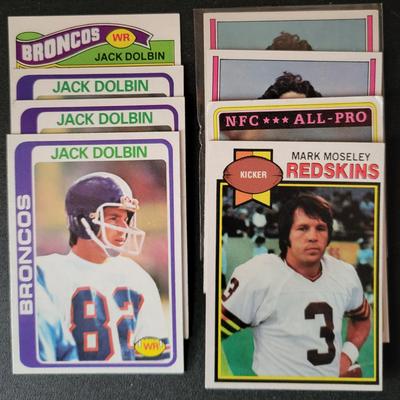 Sale Photo Thumbnail #614: 1977-1980 Topps (8 Cards)
1979 Topps Mark Moseley 
1980 Topps Mark Moseley All Pro
1977 Topps Jack Dolbin
1978 Topps Jack Dolbin (3),
1974 Topps Pete Athas (2)