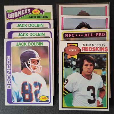 Sale Photo Thumbnail #623: 1977-1980 Topps (8 Cards)
1979 Topps Mark Moseley 
1980 Topps Mark Moseley All Pro
1977 Topps Jack Dolbin
1978 Topps Jack Dolbin (3),
1974 Topps Pete Athas (2)