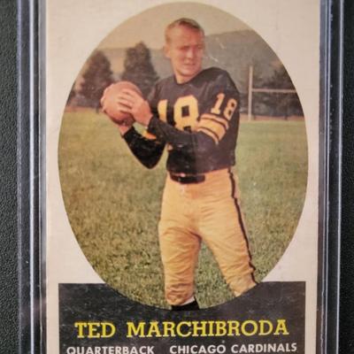 Sale Photo Thumbnail #649: Topps Chicago Cardinals & Denver Broncos
1958 Topps Ted Marchibroda,
1959 Topps King Hill,
 Broncos team Card