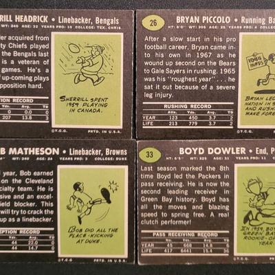 Sale Photo Thumbnail #693: 1969 Topps Various Players. (20 CARDS) Fred Hill card has damage on right top corner
Gale Sayers, Jackie Smith (2), Gary Ballman, Bob Cappadona, Dan Abramowicz RC, Boyd Dowler, Bob Matheson, Bryon Piccolo RC, Sherrill Headrick
Fred Hill, Walt Suggs, Rudy 