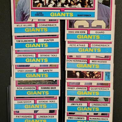 Sale Photo Thumbnail #727: 1974 Topps Giants (19 Cards)
Norm Snead, Willie Williams, Tom Blanchard, John Mendenhall, Spider Lockhart, Ron Johnson, Don Goich, Pat Hughes, Greg Larson, Doug Van Horn, Pete Athas, Don Herrmann, Randy Johnson, Jim Files, Vince Clements, Bob Gim, Pete Go