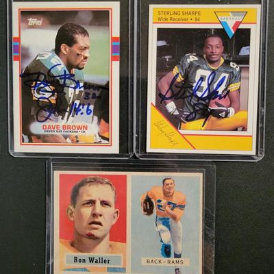 Sale Photo Thumbnail #733: Topps Brown/Sharpe/ Waller. NO COA's for signed cards
1989 Topps Dave Brown SIGNED AND INSCRIPTED
1991 Saranac Sterling Sharpe Singed
1957 Topps Ron Waller