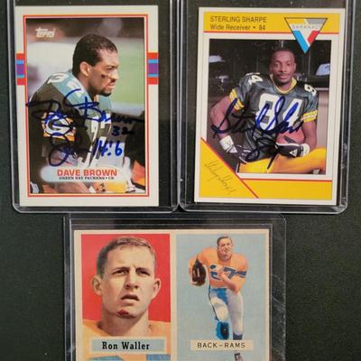 Sale Photo Thumbnail #740: Topps Brown/Sharpe/ Waller. NO COA's for signed cards
1989 Topps Dave Brown SIGNED AND INSCRIPTED
1991 Saranac Sterling Sharpe Singed
1957 Topps Ron Waller