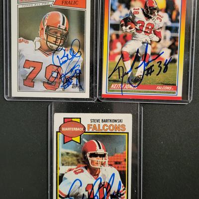 Sale Photo Thumbnail #741: 1979 Topps Steve Bartkowski Signed NO COA
1987 Topps Bill Fralic Signed NO COA 
1990 Score Keith Jones Signed NO COA.  
Signed cards have no COA's.