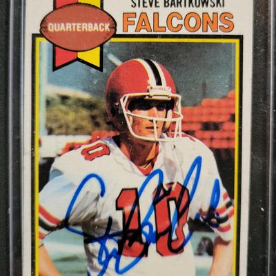 Sale Photo Thumbnail #746: 1979 Topps Steve Bartkowski Signed NO COA
1987 Topps Bill Fralic Signed NO COA 
1990 Score Keith Jones Signed NO COA.  
Signed cards have no COA's.