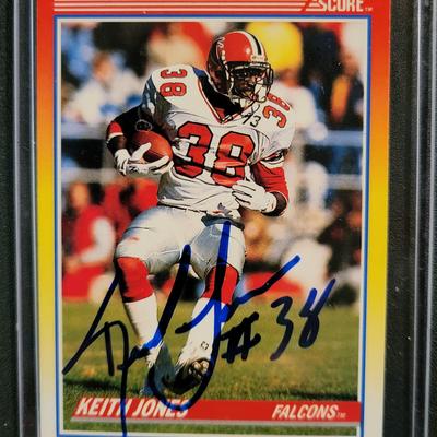 Sale Photo Thumbnail #744: 1979 Topps Steve Bartkowski Signed NO COA
1987 Topps Bill Fralic Signed NO COA 
1990 Score Keith Jones Signed NO COA.  
Signed cards have no COA's.