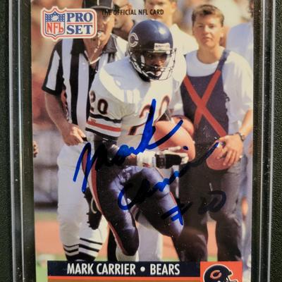 Sale Photo Thumbnail #754: 1987 Topps Mike Singletary SIGNED, 
1990 Pro Set Jim Convert SIGNED
1991 Pro Set Mark Carrier. SIGNED
NO COA's for signed cards