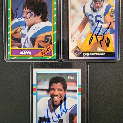Sale Photo Thumbnail #757: 1986 Topps Doug Smith SIGNED NO COA
1991 Score Tom Newberry. SIGNED NO COA
1989 Topps Mike Wilcher SIGNED NO COA
NO COA'S for signed cards.