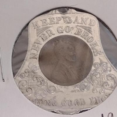 1937 Wheat Penny Encased in Novelty 'Keep and Never Go Broke' Souvenir of Washington, DC Card (27)