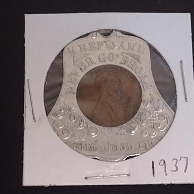 1937 Wheat Penny Encased in Novelty 'Keep and Never Go Broke' Souvenir of Washington, DC Card (27)