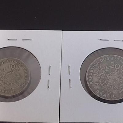 Pair of Antique Brazilian Silver Coins 100 and 200 Reis Circulated Condition (31)