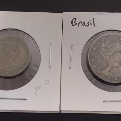 Pair of Antique Brazilian Silver Coins 100 and 200 Reis Circulated Condition (31)