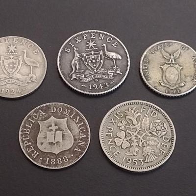 Set of Five Australian Six Pence and Other Foreign Coins of Interest Various Dates and Denominations Circulated Condition (45)