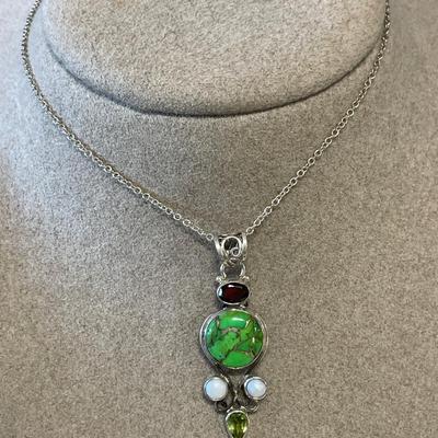 Green Mojave Turquoise, pearls and peridot sterling pendant