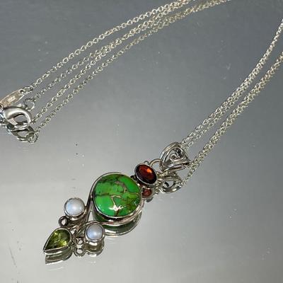 Green Mojave Turquoise, pearls and peridot sterling pendant
