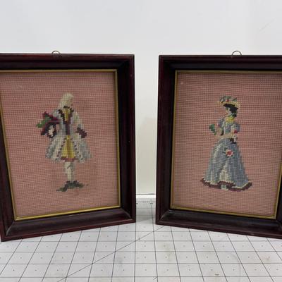 Pair of Framed Colonial NEEDLE POINTS 