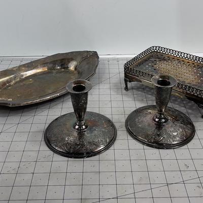 Silver Plated Items: Tray, Candle Sticks, Footed Dish Holder 