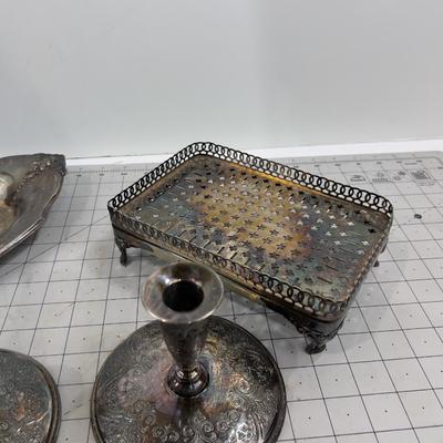 Silver Plated Items: Tray, Candle Sticks, Footed Dish Holder 
