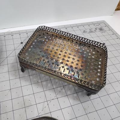 Silver Plated Items: Tray, Candle Sticks, Footed Dish Holder 