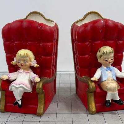 Lefton's Red Chair Girl & Boy Planters