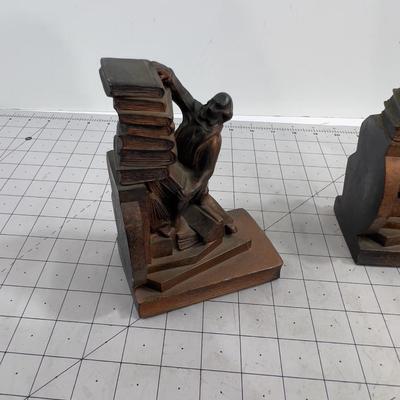Book Ends Set. Bronze Color, 1940's Era Colonial Man Stacking Books 