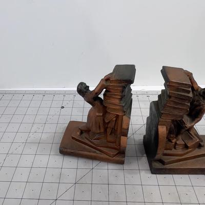 Book Ends Set. Bronze Color, 1940's Era Colonial Man Stacking Books 