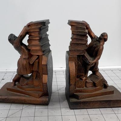 Book Ends Set. Bronze Color, 1940's Era Colonial Man Stacking Books 