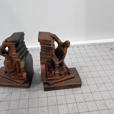 Book Ends Set. Bronze Color, 1940's Era Colonial Man Stacking Books 