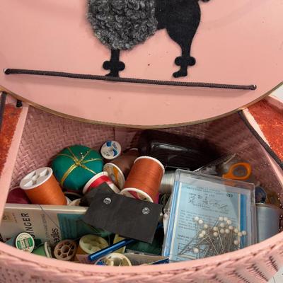 Cutest EVER! Pink Basket with A Black Poodle Sewing Basket Full of NOTIONS! 