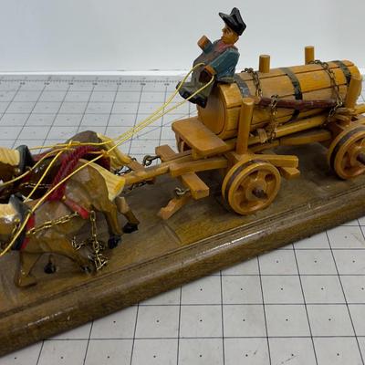 Little Carved Wood Wagon with Figurine and 2 horses
