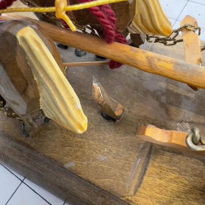 Little Carved Wood Wagon with Figurine and 2 horses