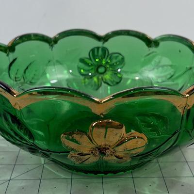Forest Green GOLD Rimmed BOWL, Pressed Glass 