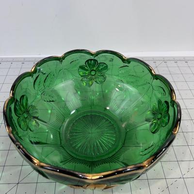 Forest Green GOLD Rimmed BOWL, Pressed Glass 