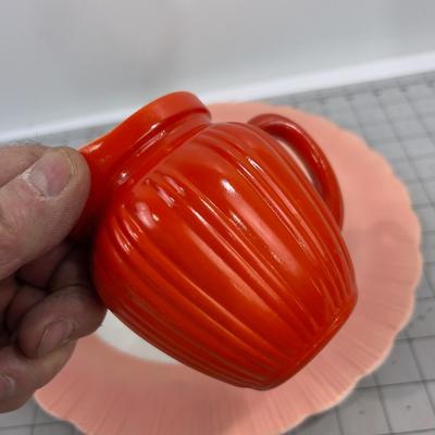 Cremaz Glass Pink and White Platter Plus Hazel Atlas Orange and White Pitcher 