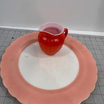 Cremaz Glass Pink and White Platter Plus Hazel Atlas Orange and White Pitcher 