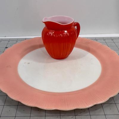 Cremaz Glass Pink and White Platter Plus Hazel Atlas Orange and White Pitcher 