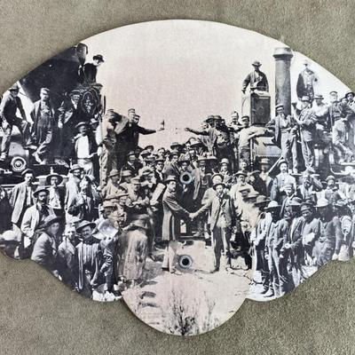 GOLDEN SPIKE RAILROAD PHOTO SONS of UTAH PIONEERS RAILROAD VILLAGE SOUVENIR FAN